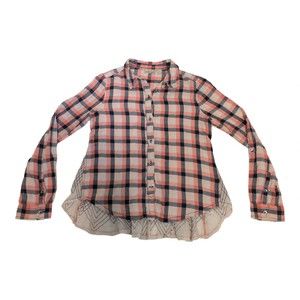 Holding Horses Pink Plaid Button-Up Shirt with Embroidered‎ Ruffle Hem
